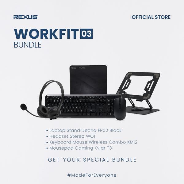 REXUS WORKFIT BUNDLE 03 - Office Gear Combo 4in1 - Keyboard Mouse Wireless + Headset & Stand Laptop (FP02+WO1+KM12+T3)