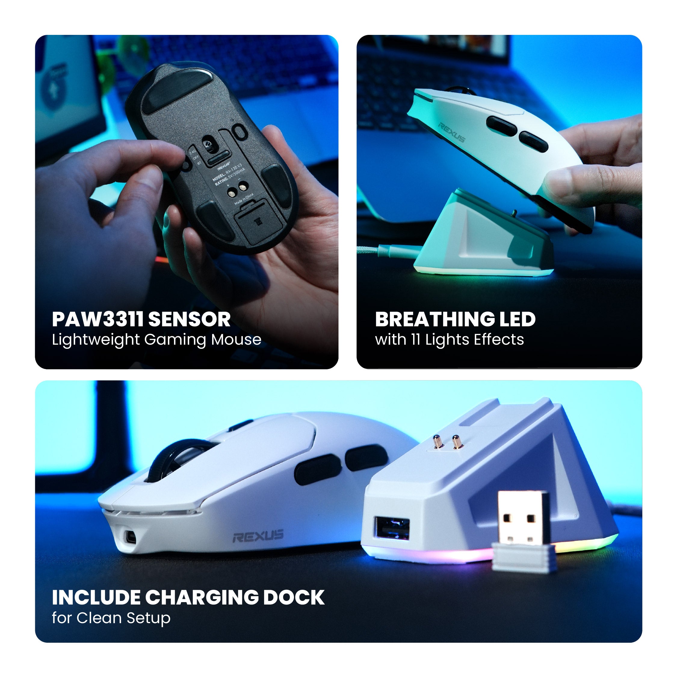 Mouse Rexus Rx130 Rexus ShagaX RX130 Mouse Gaming Wireless Tri Mode Connection PAW3311
